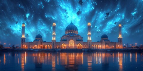 Mesmerizing Harmony: Nocturnal Mosque Bathed in Heavenly Lights of Aurora Australis - obrazy, fototapety, plakaty