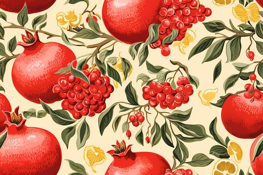 classic pomegranate fruit in seamless pattern on black background