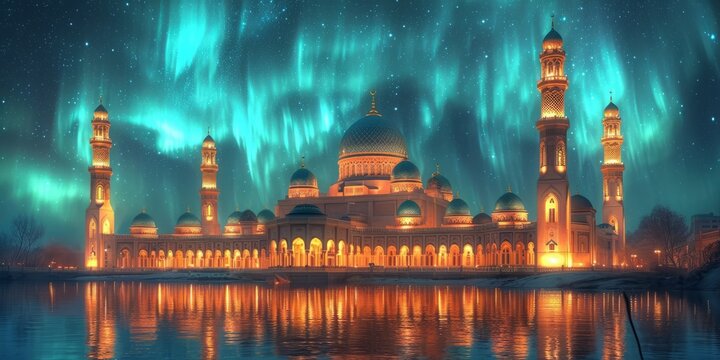 Starry Night Over Majestic Mosque Reflecting on Calm Waters - Awe-Inspiring Architectural Beauty Illuminated Under Ethereal Glow