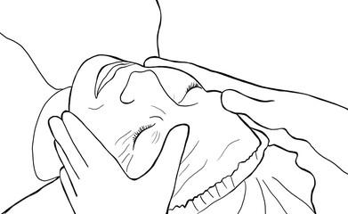 lady in a beauty center receiving an anti-aging treatment. On her face there are hands with latex gloves of a professional cosmetologist, on the woman's head she has a cap on.