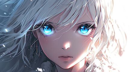 Anime girl white hair with beautiful blue eyes
