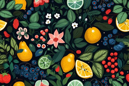 bright color of various fruit seamless pattern on black background