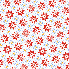  red and white pattern flower  with a blue and yellow design, autumn leaves, on it's side, and a white background, Alfred Manessier, art, ornamental, a jigsaw puzzle