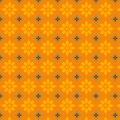A pattern of black and white flowers on an orange background with dots and lines in the center of the pattern, Alfred Manessier,  art, paper texture, a screenprint.
