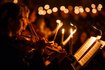 Romantic candlelit music performance. Elegant concert with candles. Atmospheric live music by...