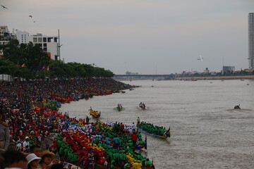 Dragon Boats on the Tonle Sap River in Phnom Penh for Bon Om Touk, The Cambodian Water Festival...