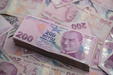 Gaziveren, Cyprus 01/27/2024 - a pack of 200 Turkish lira bills 6