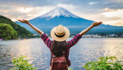 woman, back view, hat, arms raised, symbolizing freedom and relaxation in a stock photo
