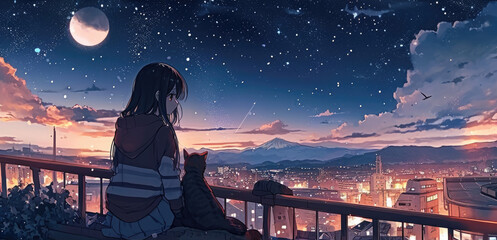 cute girl anime with a cat in balcony,city and stary night sky
 - obrazy, fototapety, plakaty