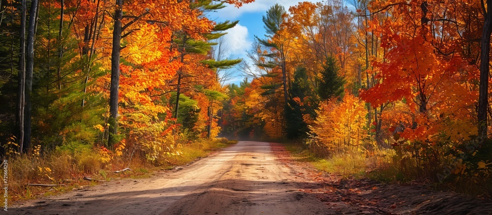 Sticker Immerse in the Captivating Fall Foliage along the Enchanting Northern Michigan Forest Road