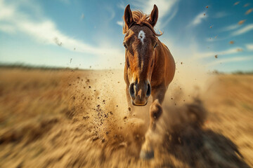 close-up of dust kicked up by wild horse - obrazy, fototapety, plakaty