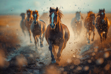 wild horses in arid lands - obrazy, fototapety, plakaty