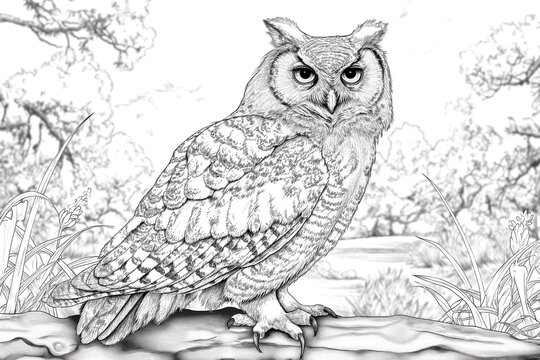 bird for coloring book. Ethnic retro illustration of owl in Forest style with flowers and leaves.