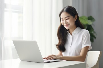 An Asian woman sits with her laptop in a minimalistic white room, creating a tranquil and productive atmosphere for work Generative AI.