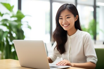 An Asian woman sits with her laptop in a minimalistic white room, creating a tranquil and productive atmosphere for work Generative AI.