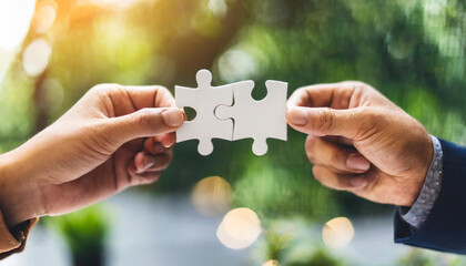 holding a jigsaw puzzle symbolizing teamwork and success in a corporate setting