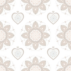 Pale mandalas and hearts ornament seamless pattern