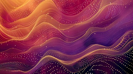 Fototapeta premium Sparkling curves of fabric in gold and copper, crimson and purple, on a black background