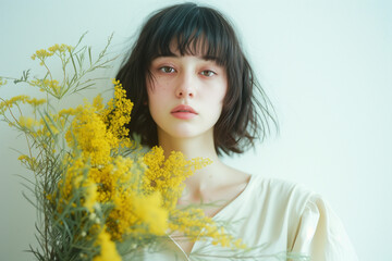 ミモザの花束を持った女性のポートレート、ナチュラル、春