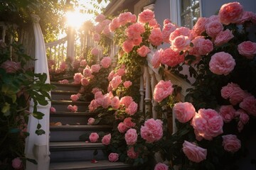 Stairs and landing with rose flowers. home garden decoration. Beautiful pink roses in front of a house in the sunlight. stairs in classic style decorated with pink roses. romantic.