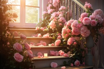 Beautiful pink roses on the stairs in the interior of the house. romantic background. Stairs and landing with flowers. Home stairs in classic style decorated with pink rose plants.