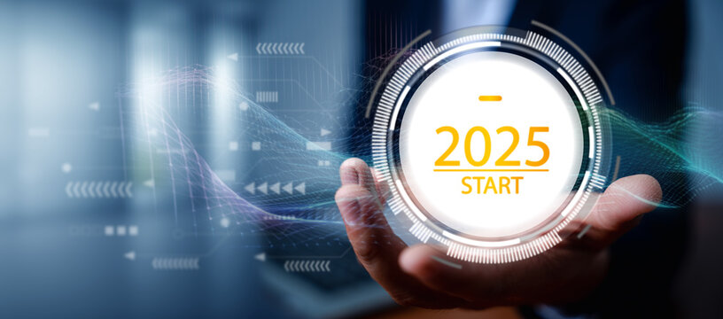 Happy New Year 2025 virtual screen Start 2025 showing in hand. New Goals, Plans, and Numbers for Next Year. Future growth year 2024 to 2025. Planning, opportunity, business strategy