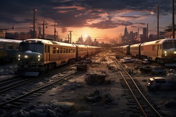Old empty trains with lights on damaged rail tracks in an abandoned railway station at sunset. 3d illustration. train journey. abandoned wagon. damaged trains parking lot. - obrazy, fototapety, plakaty