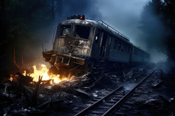 The old locomotive train burned on rail track. Concept technogenic disaster. train derailed exploding with fire and smoke. collision between trains. train accident. - obrazy, fototapety, plakaty
