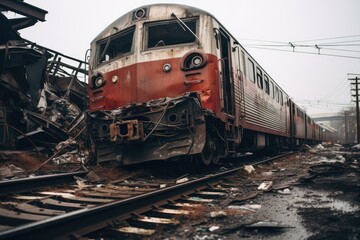 Obraz premium An old abandoned train in an abandoned trail track. metal destruction. old and damaged train. train derailed explosion. Train accident concept.