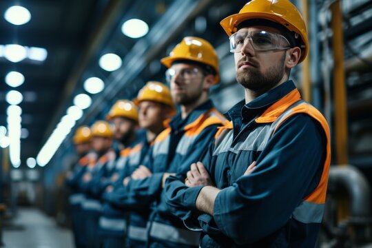 An Engineering Team in Uniform in a Factory. Generative AI.