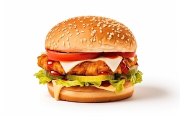 chicken burger with ketchup, cheese, and mayonnaise on isolated white background.