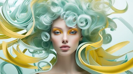 illustration of a beautiful woman with turquoise and yellow hair