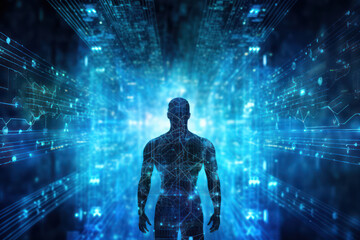 Fototapeta na wymiar Tech Evolution: A Futuristic Digital Connection of Human Body and Machine in a Blue Background