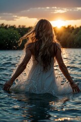 woman bathing in a lake with a white dress on a sunset