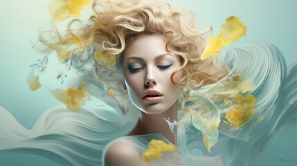 Portrait of a beautiful blonde woman with long curly hair. Beauty, fashion.