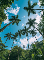 Fototapeta na wymiar Skyward View of Palm Trees Against Blue Skies