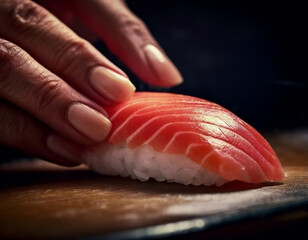 寿司職人の熟練の技 - マグロのにぎり寿司の美しさを際立たせる