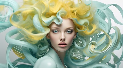 illustration of a beautiful woman with turquoise and yellow hair