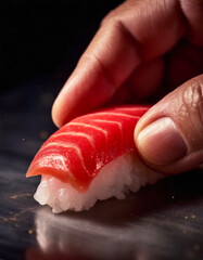 寿司職人の熟練の技 - マグロのにぎり寿司の美しさを際立たせる