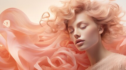 Portrait of a beautiful young woman with long curly hair in pink dress