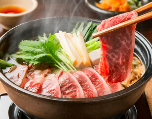 豪華な高級和牛のすきやき - 芸術的に彩られた豊かな食材
