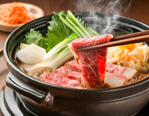 豪華な高級和牛のすきやき - 芸術的に彩られた豊かな食材