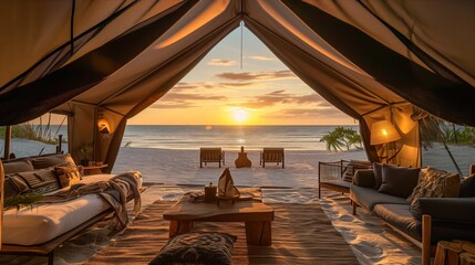 Luxurious Beach Glamping Tent with Cozy Interior and Stunning Sunset View