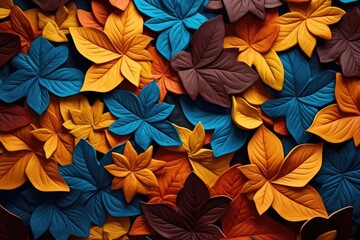 Autumn leaves background, blue orange brown leaves digital art, oil paint, colorful 