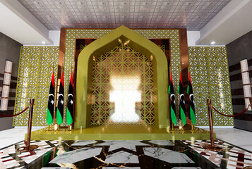 libya flag beside a golden arc door, independence day concept, 3D render - obrazy, fototapety, plakaty