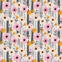 Pink and Orange Doodle Gray Stripe Background Seamless Pattern