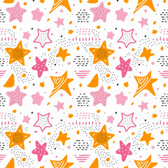 Doodle Star Pink and Orange Background Seamless Pattern