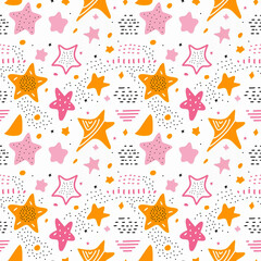 Doodle Star Pink and Orange Background Seamless Pattern