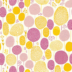 Dotty Doodle Pink and Yellow Tree Background Seamless Pattern