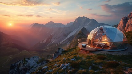 Luxurious Sunrise Glamping in Geodesic Dome Overlooking Mountains - obrazy, fototapety, plakaty